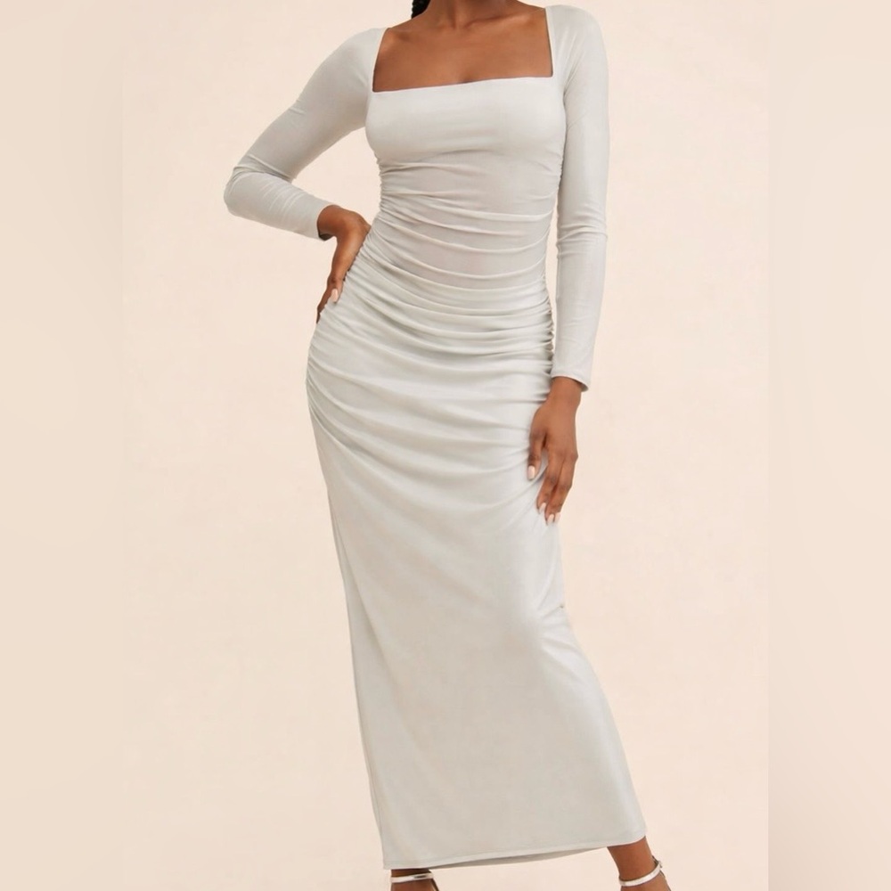 AFRM Sofi Foil Mesh Maxi Dress Silver Ruched Long Sleeve Bodycon XS